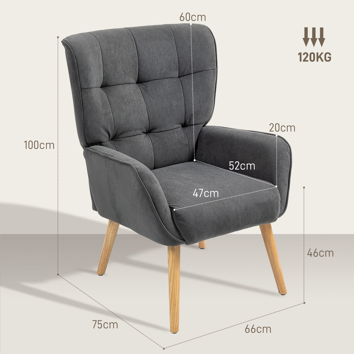 Gray velvet armchair with wooden legs for living room