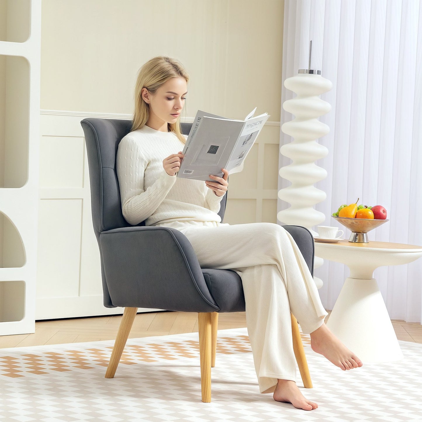 Gray velvet armchair with wooden legs for living room