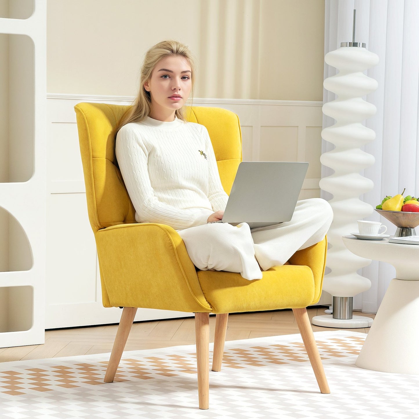 Yellow velvet chair for living room - wooden legs, upholstered