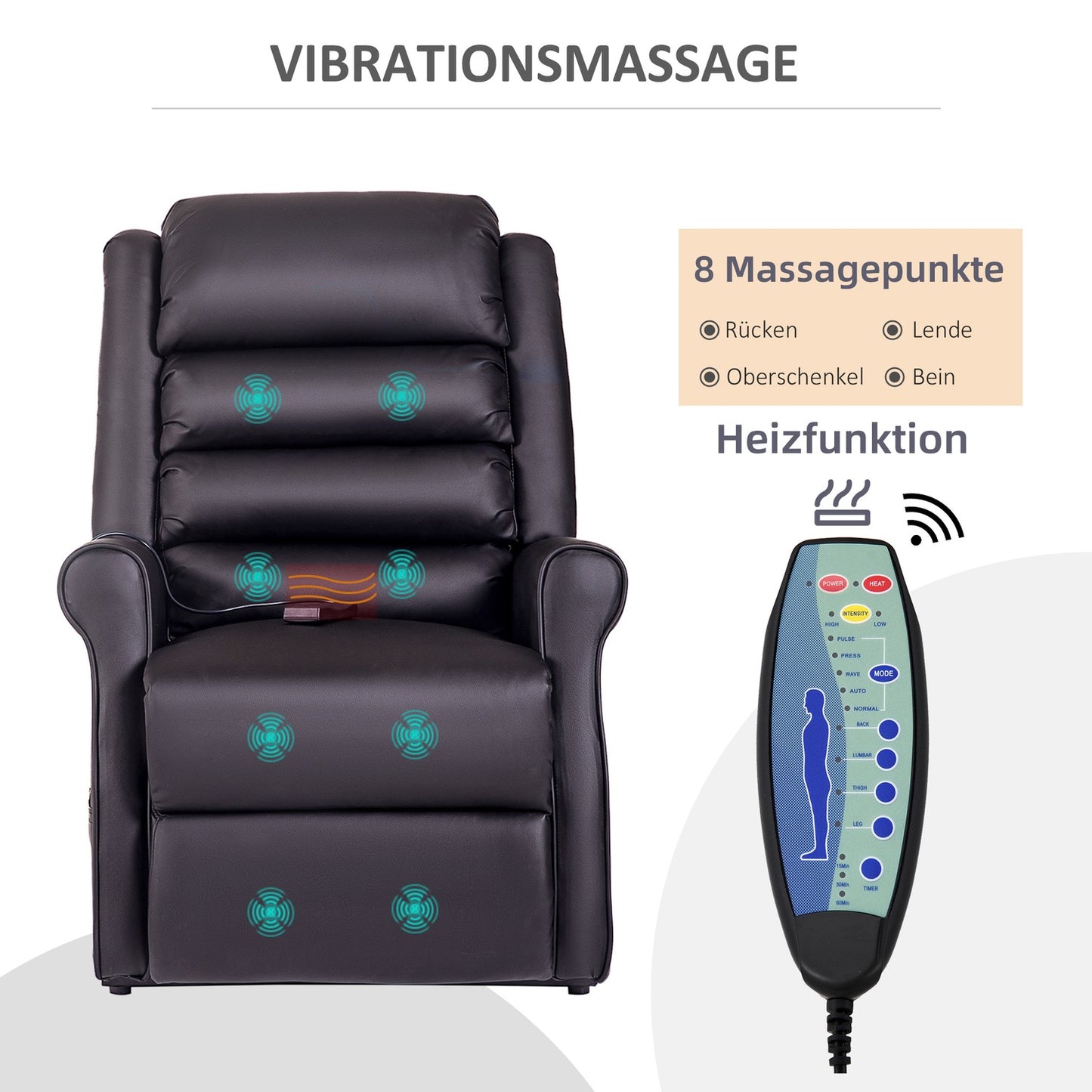 Massage armchair with heat, synthetic leather, brown