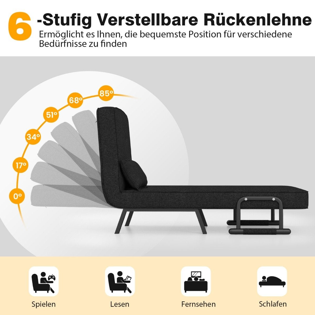 Armchair bed with bed function, folding sofa, sofa bed with adjustable backrest and removable cushion, black