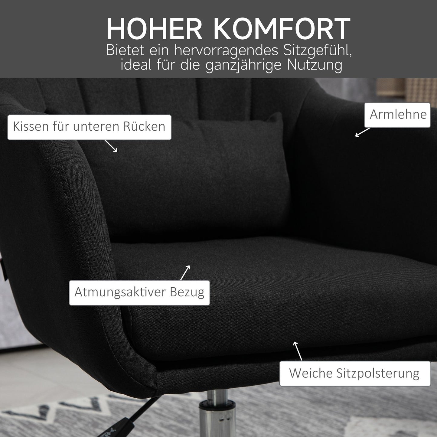 Adjustable black lounge chair - metal frame, armrests, cushion