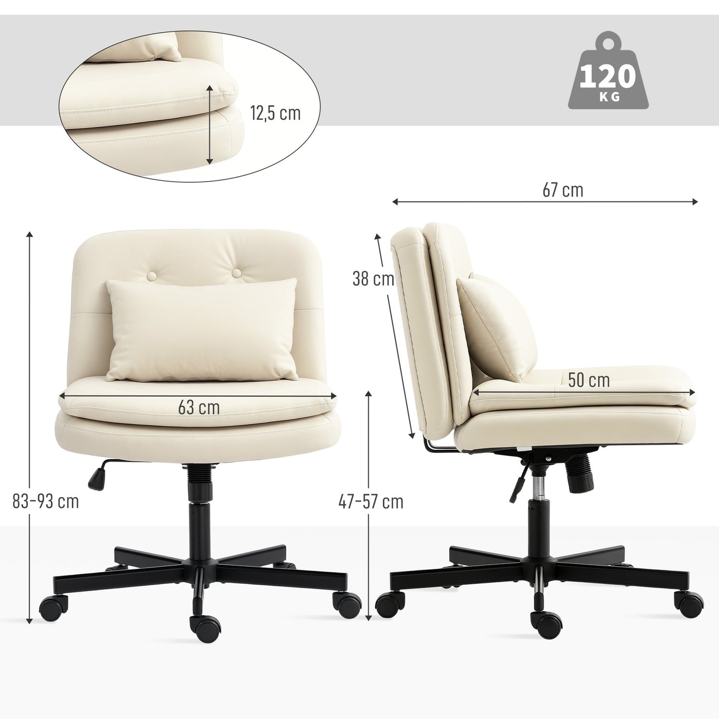 Armless Office Chair, Faux Leather, Adjustable Height, Beige