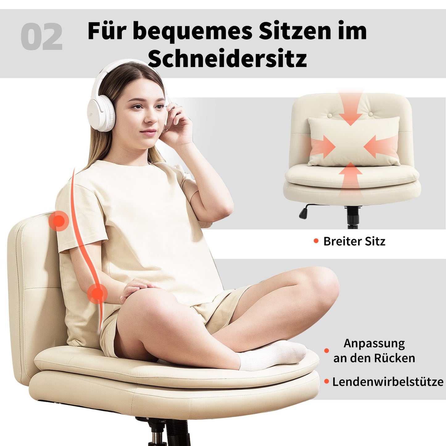 Armless Office Chair, Faux Leather, Adjustable Height, Beige