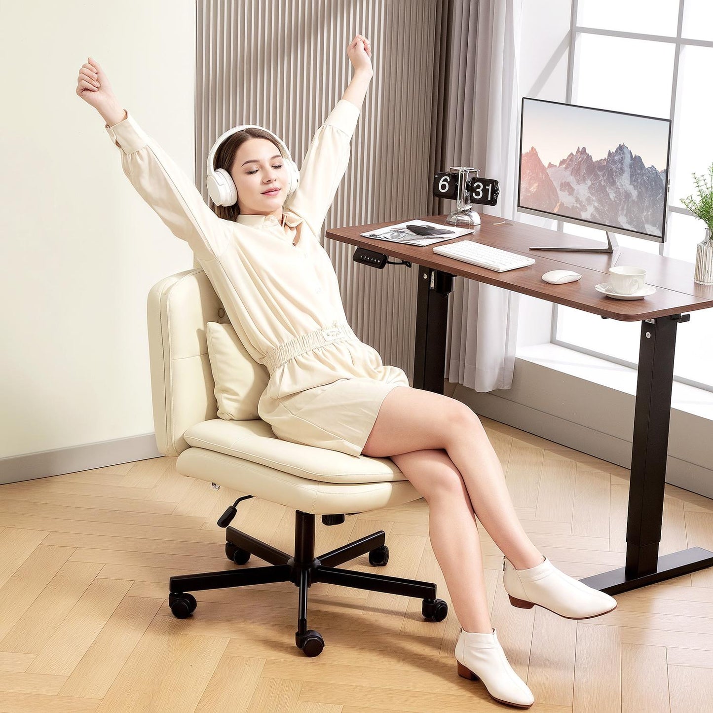 Armless Office Chair, Faux Leather, Adjustable Height, Beige