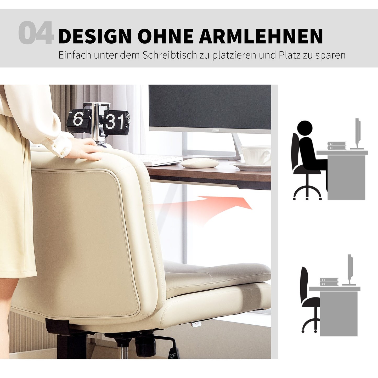 Armless Office Chair, Faux Leather, Adjustable Height, Beige