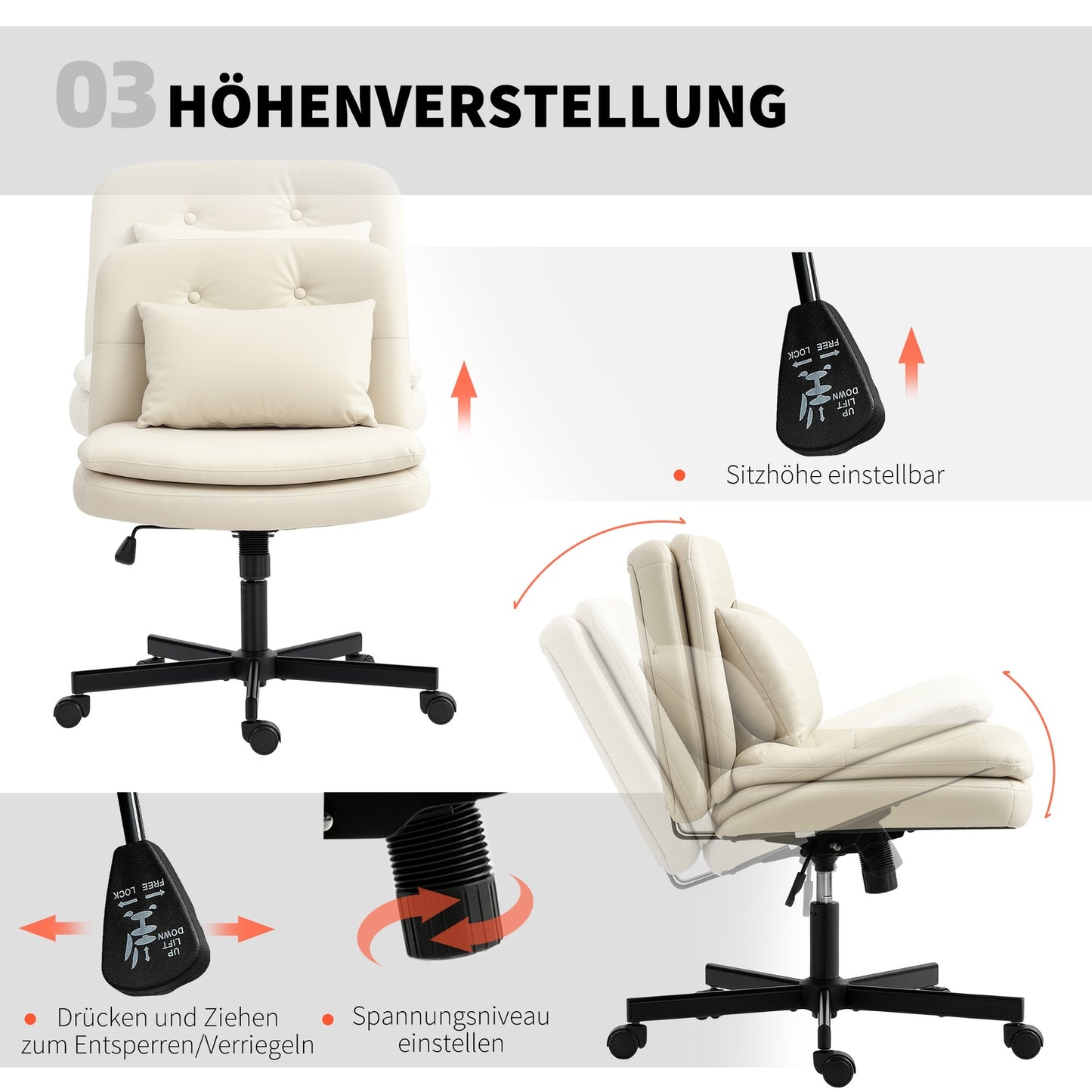 Armless Office Chair, Faux Leather, Adjustable Height, Beige