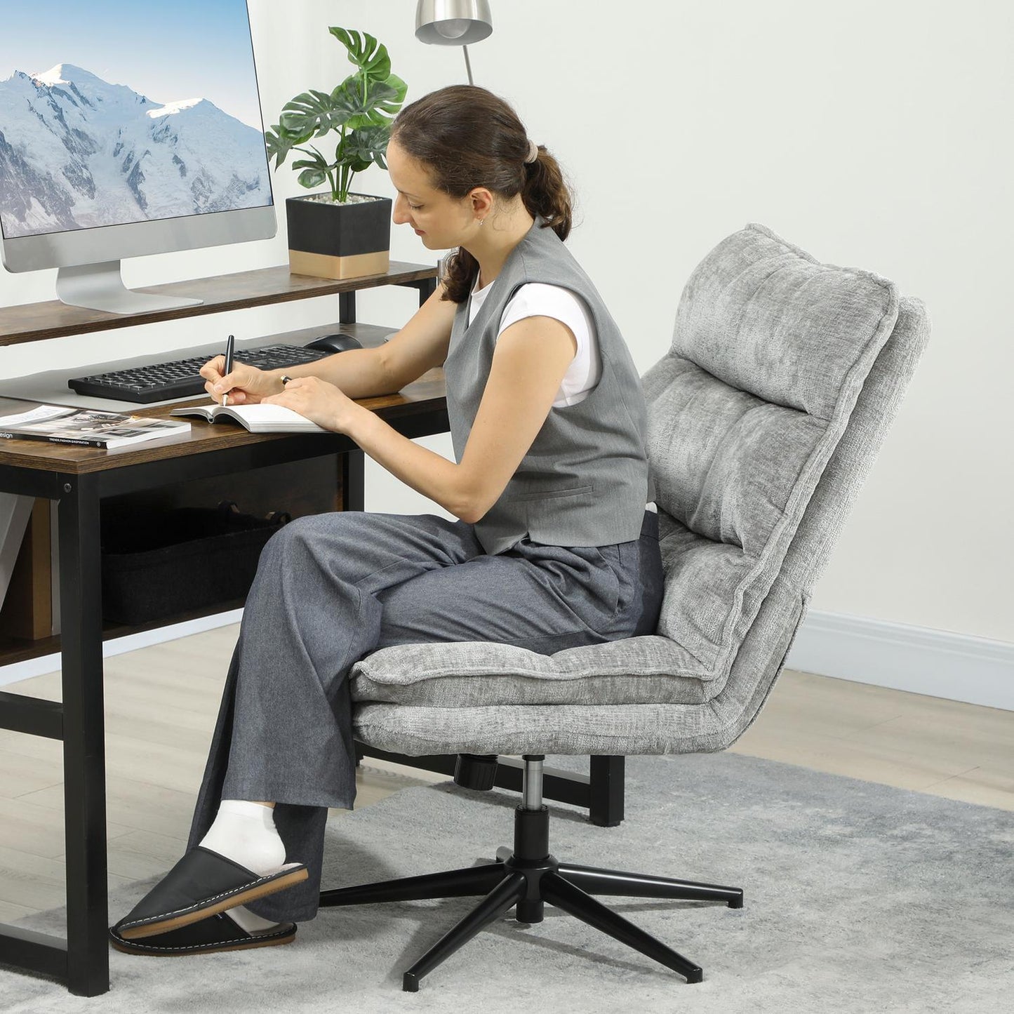 Armless Office Chair, Swivel, Adjustable Height, Grey Fabric