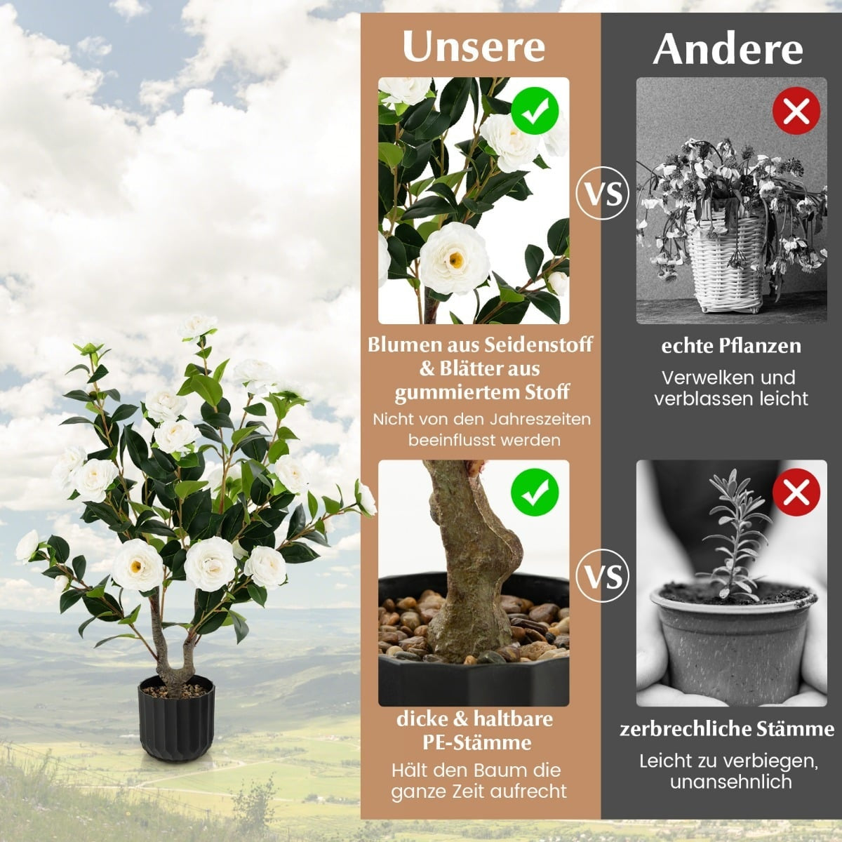Artificial Camellia Tree, 95 cm, Silk Flowers, Cement Pot