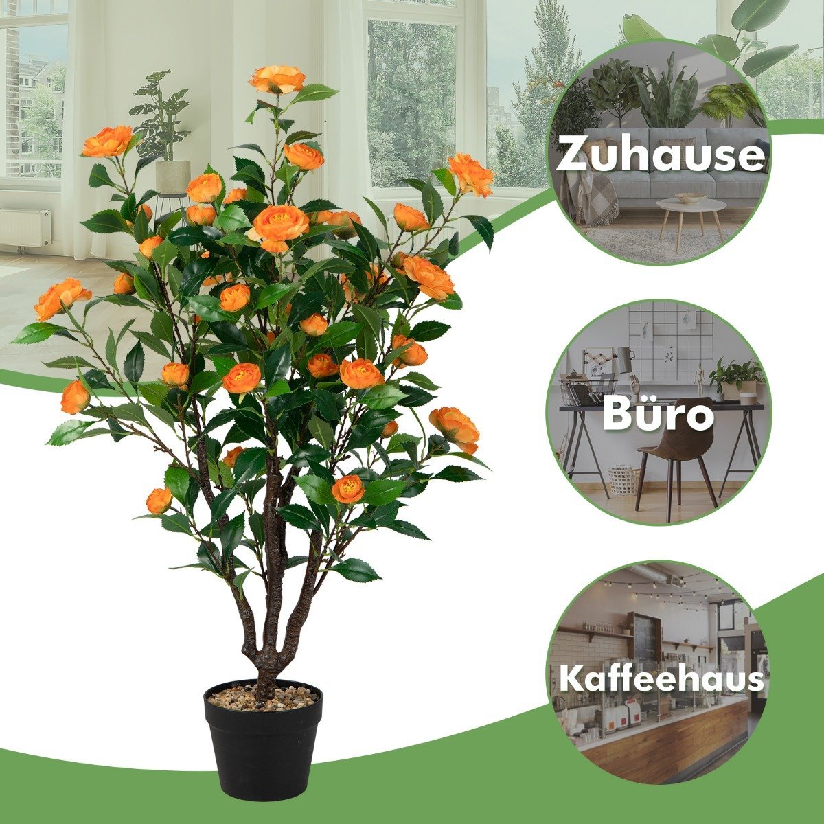 Artificial Camellia Tree Fake Flowering Camellia Plant Green + Yellow