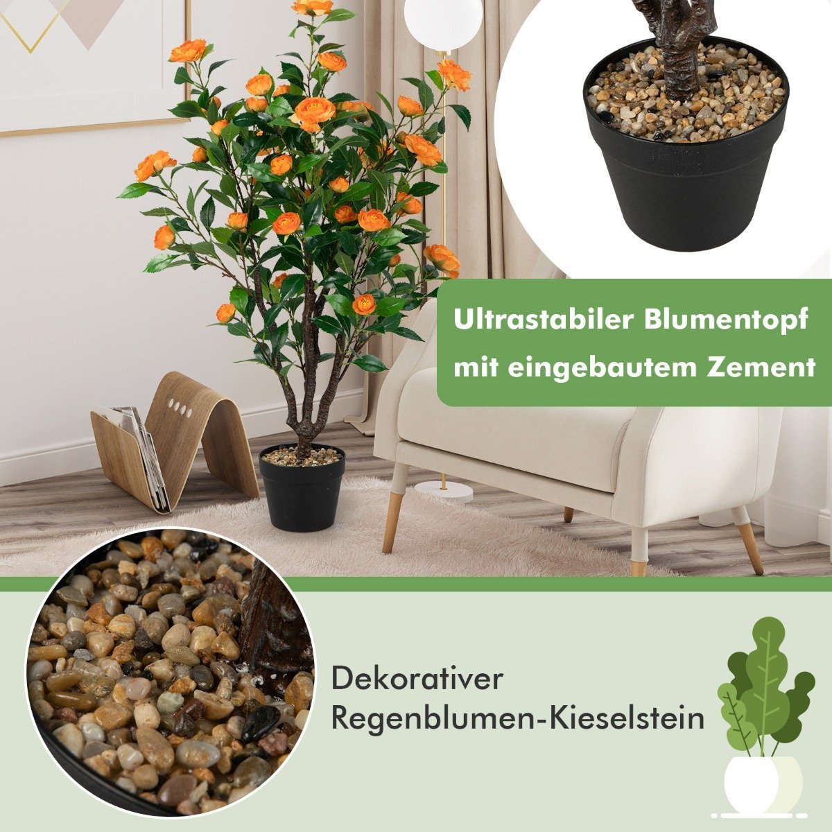 Artificial Camellia Tree Fake Flowering Camellia Plant Green + Yellow