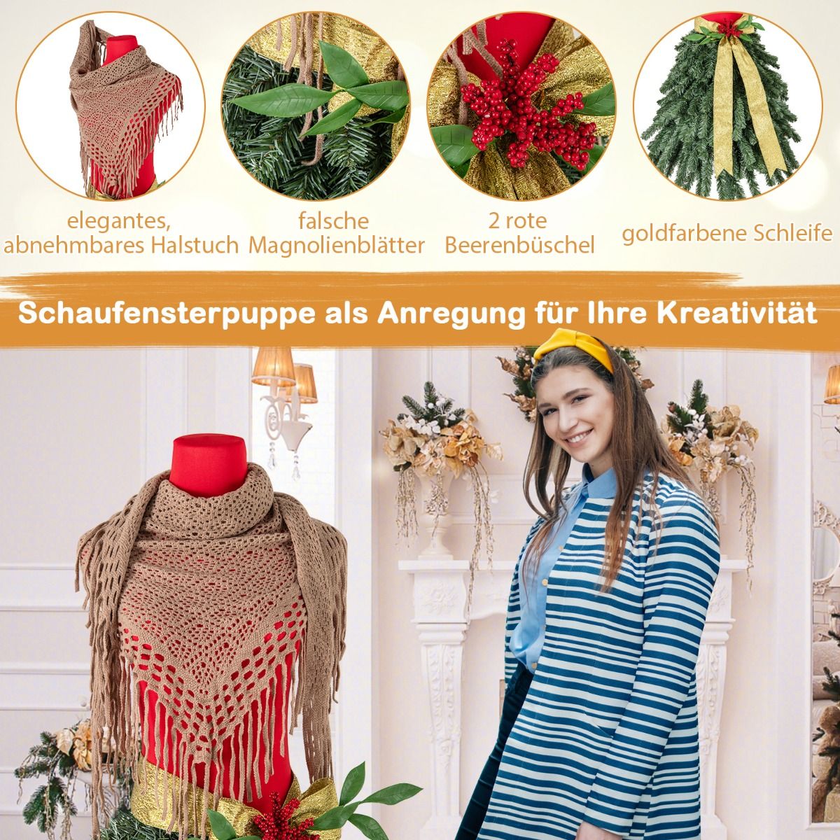 Artificial Christmas tree in a tailor's dummy look with a removable scarf and red berries