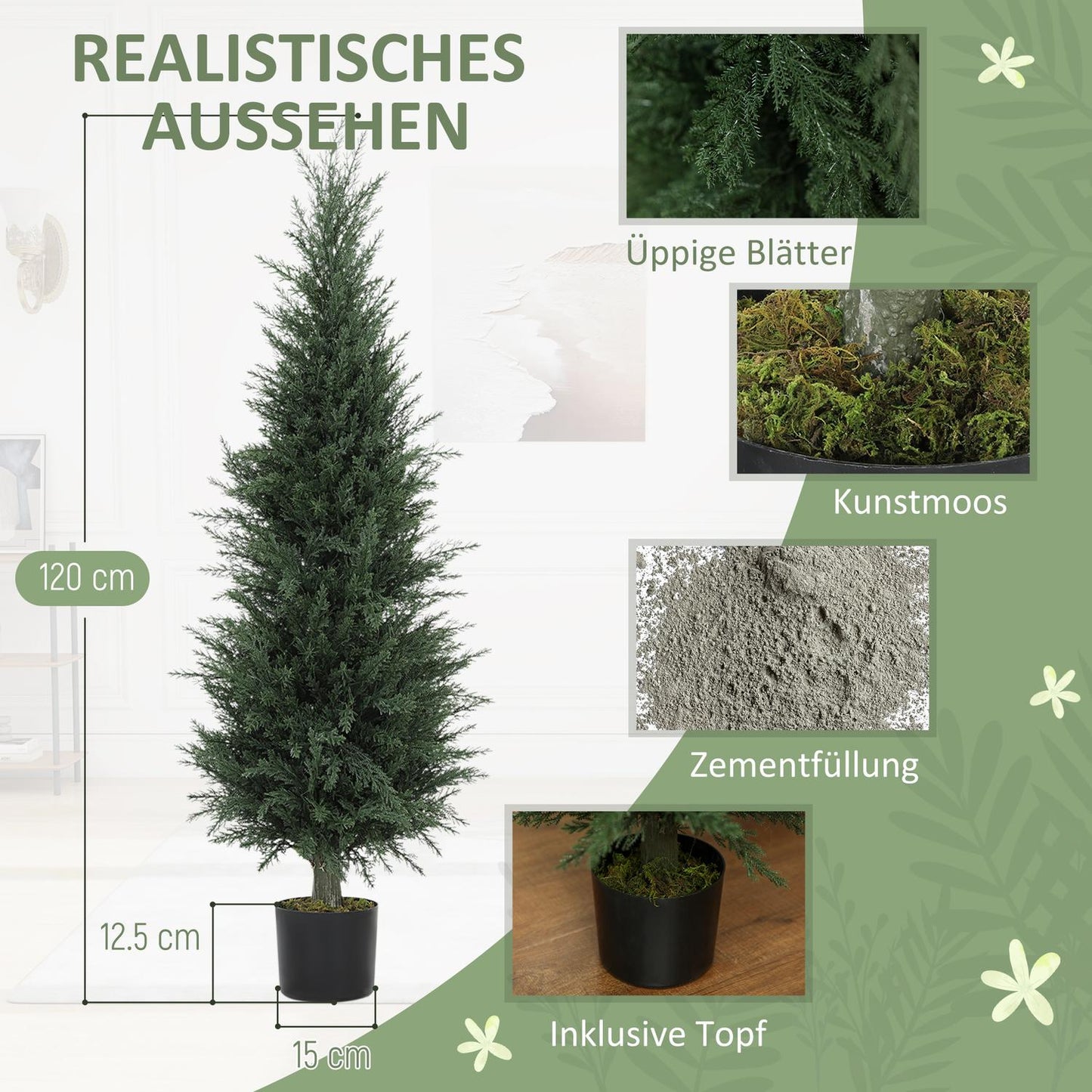 Artificial cypress plant, 638 plastic leaves, with pot, UV-resistant, green