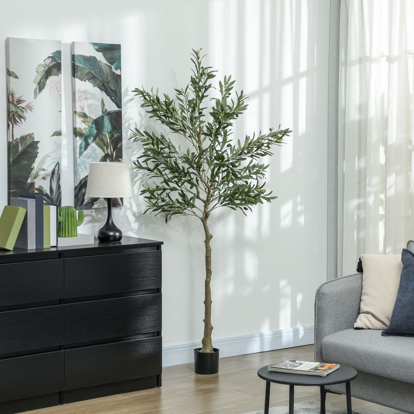Artificial olive tree, 180 cm, 900 leaves, 40 olives, sturdy flowerpot, decorative plant, green