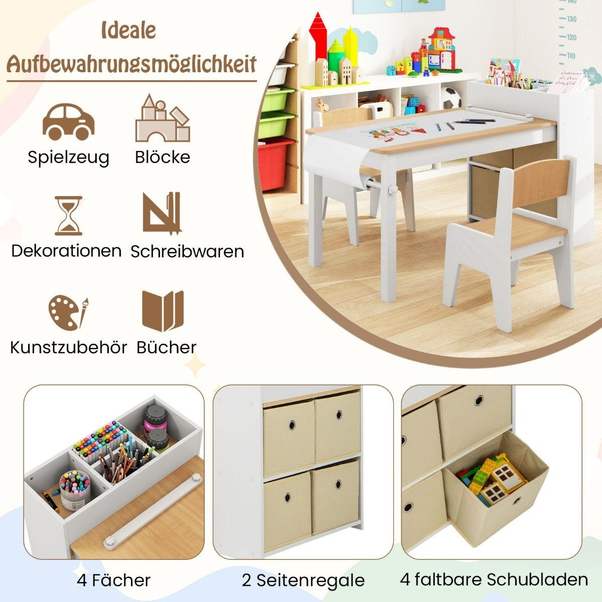 Art table and chair set for children. Drawing table with 2 chairs, paper roll and paper roll holder. Natural