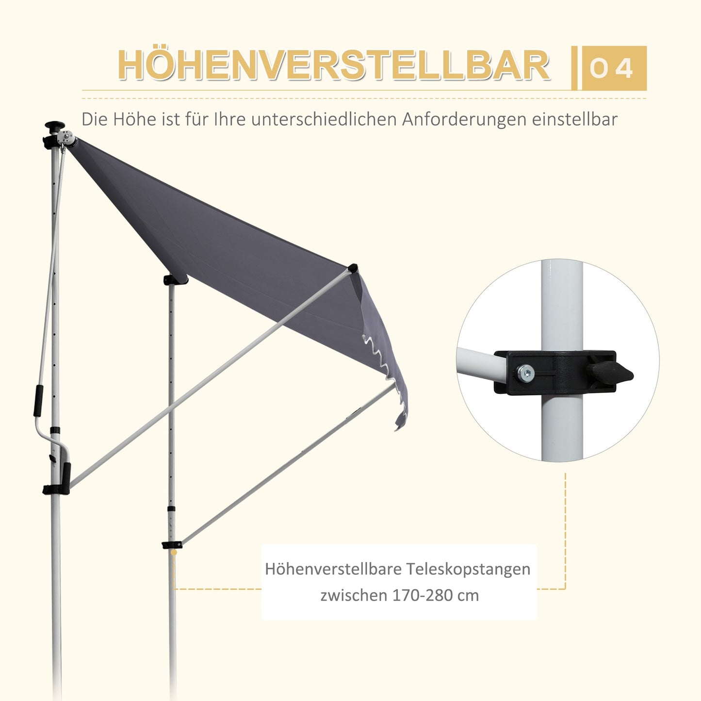 Folding aluminum Balcony awning, Sun protection, 2x1.2M, Grey