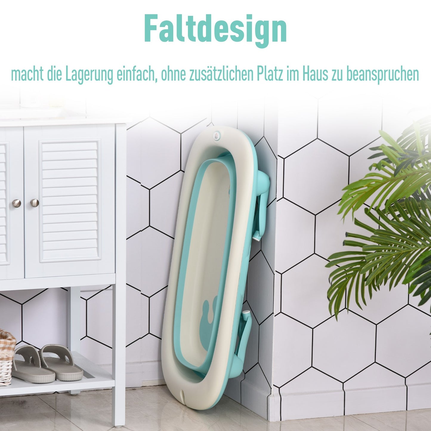 Ergonomic foldable baby bathtub, green plastic, 84.5 cm