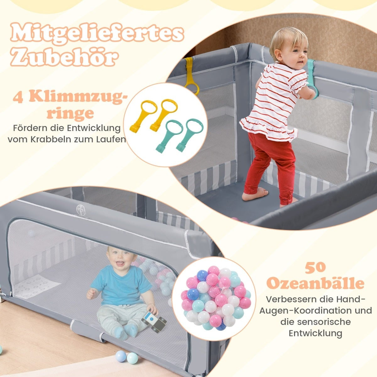 Baby Playpen, 127x127 cm, Foldable with Zipper Door