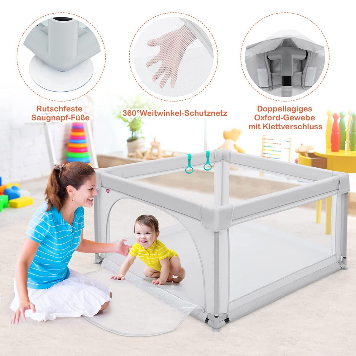 Baby Playpen Portable Playpen with Safety Gates 120 x 120 x 68 cm Gray