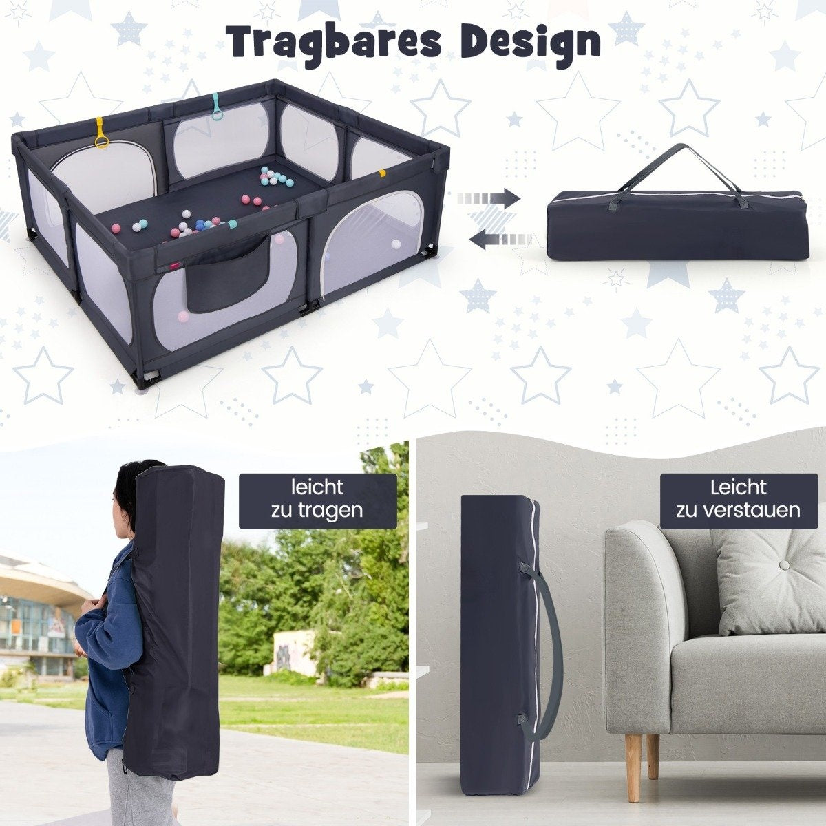 Baby Playpen with 4 Pull Rings & 50 Ocean Balls & Breathable Mesh & Carry Bag Dark Gray