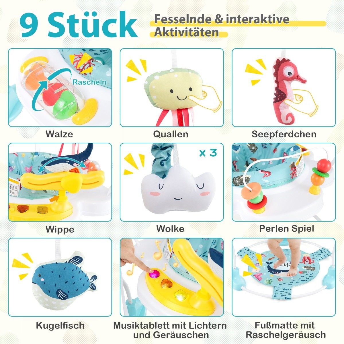 Baby Sky Jumperoo with adjustable heights & toys & music box walker light blue