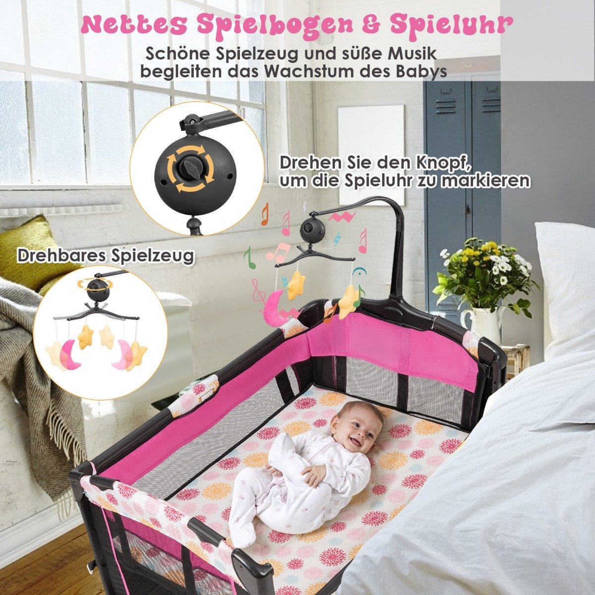 Baby bed 4 in 1 folding travel bed & side bed & changing table & playpen black + pink