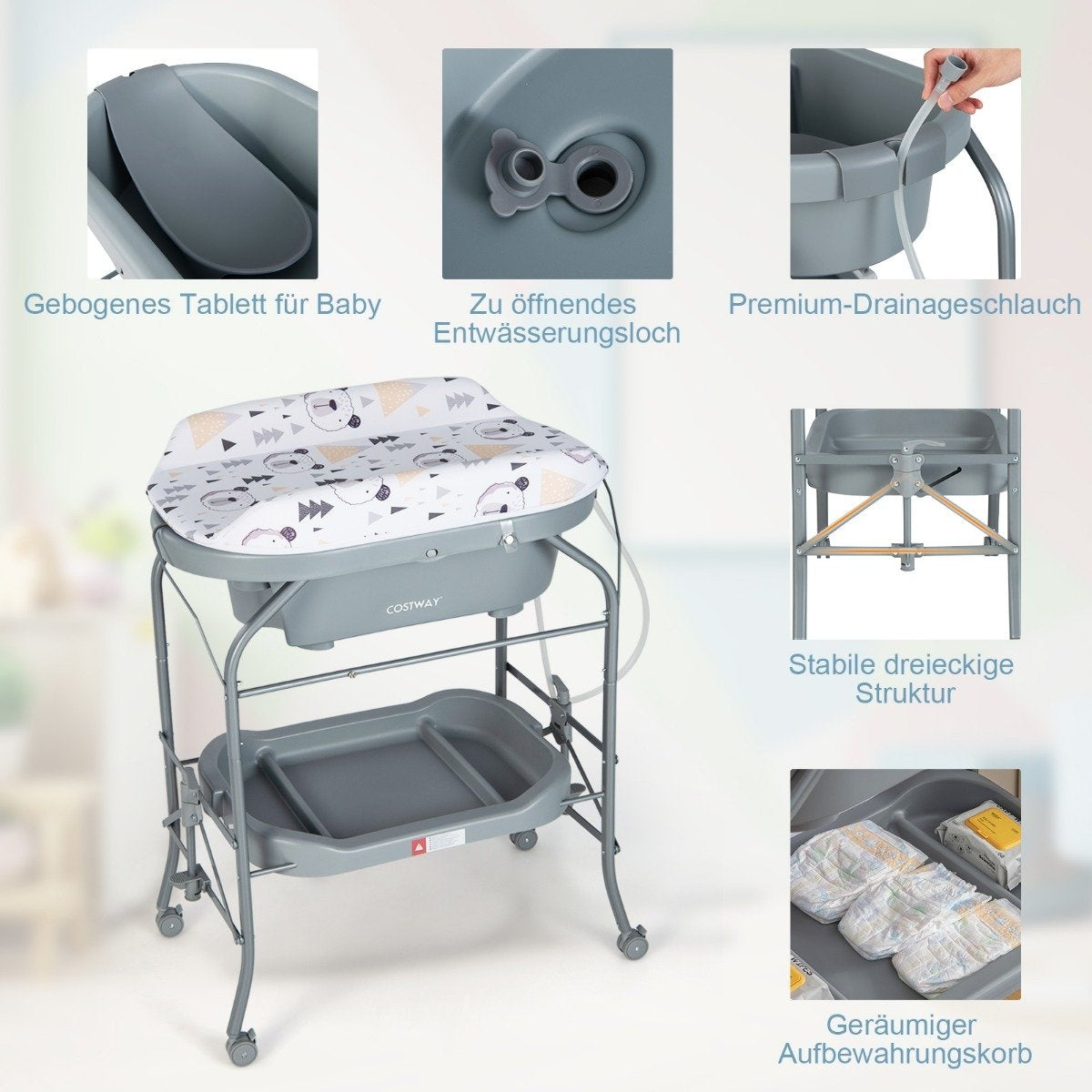 Baby changing table with bathtub Portable changing table with PVC cover Gray