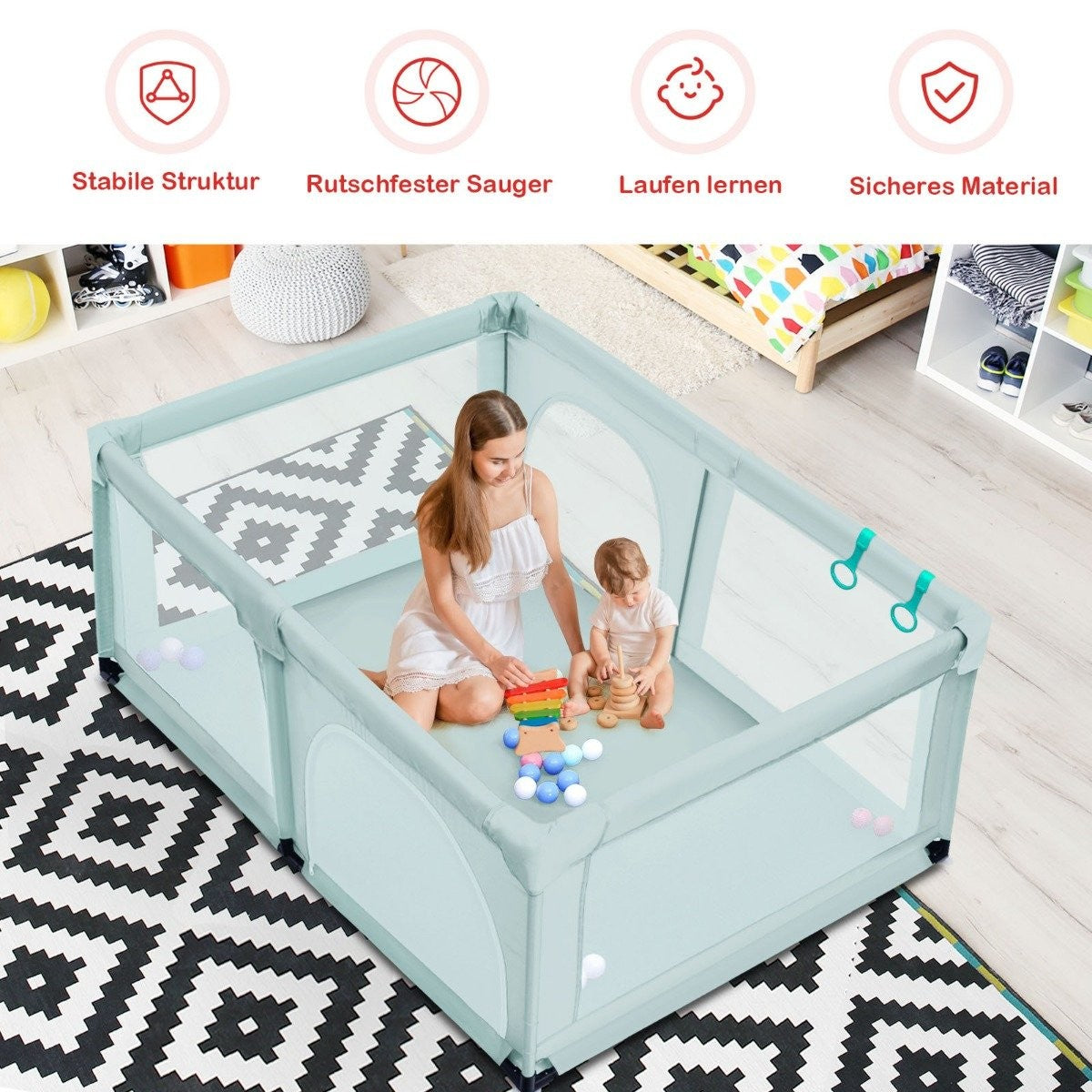Baby playpen with 50 play balls playpen with net and zipper 120 x 190 cm blue