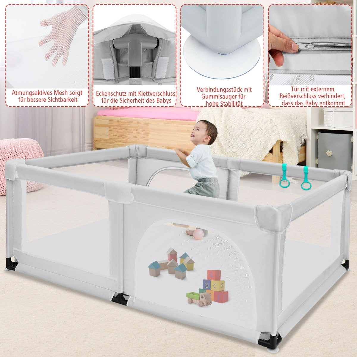 Baby playpen with 50 play balls playpen with net and zipper 120 x 190 cm gray