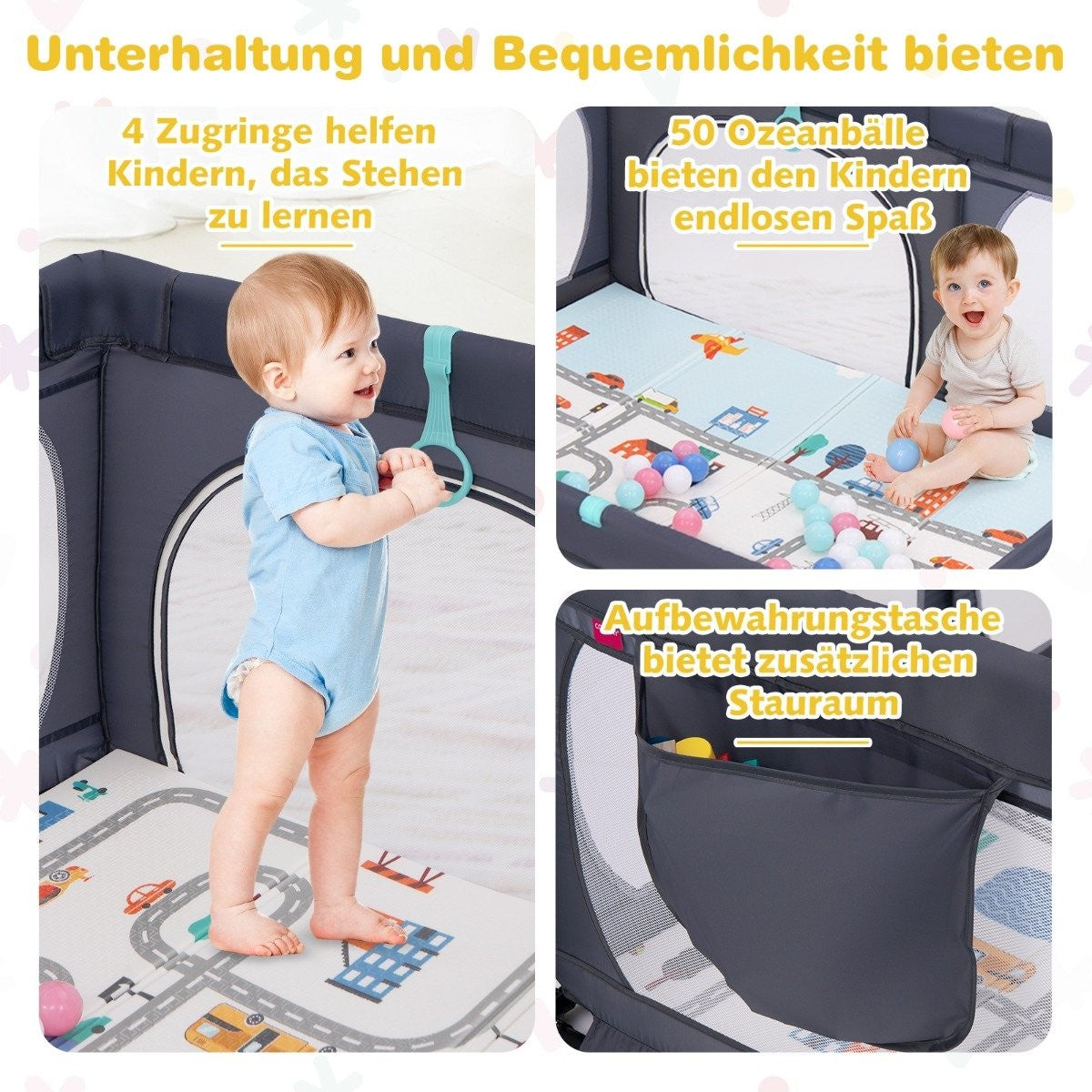 Baby playpen with mattress & 50 play balls & 4 pull rings & 4 zipper doors dark grey