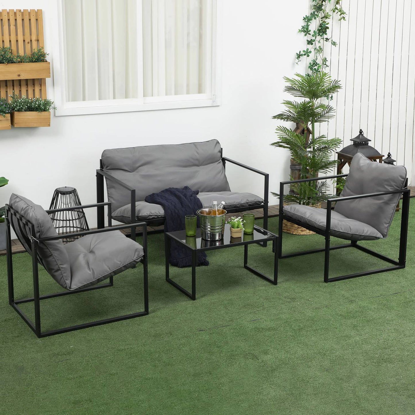 Outdoor lounge set with cushions - sofa, armchairs, table
