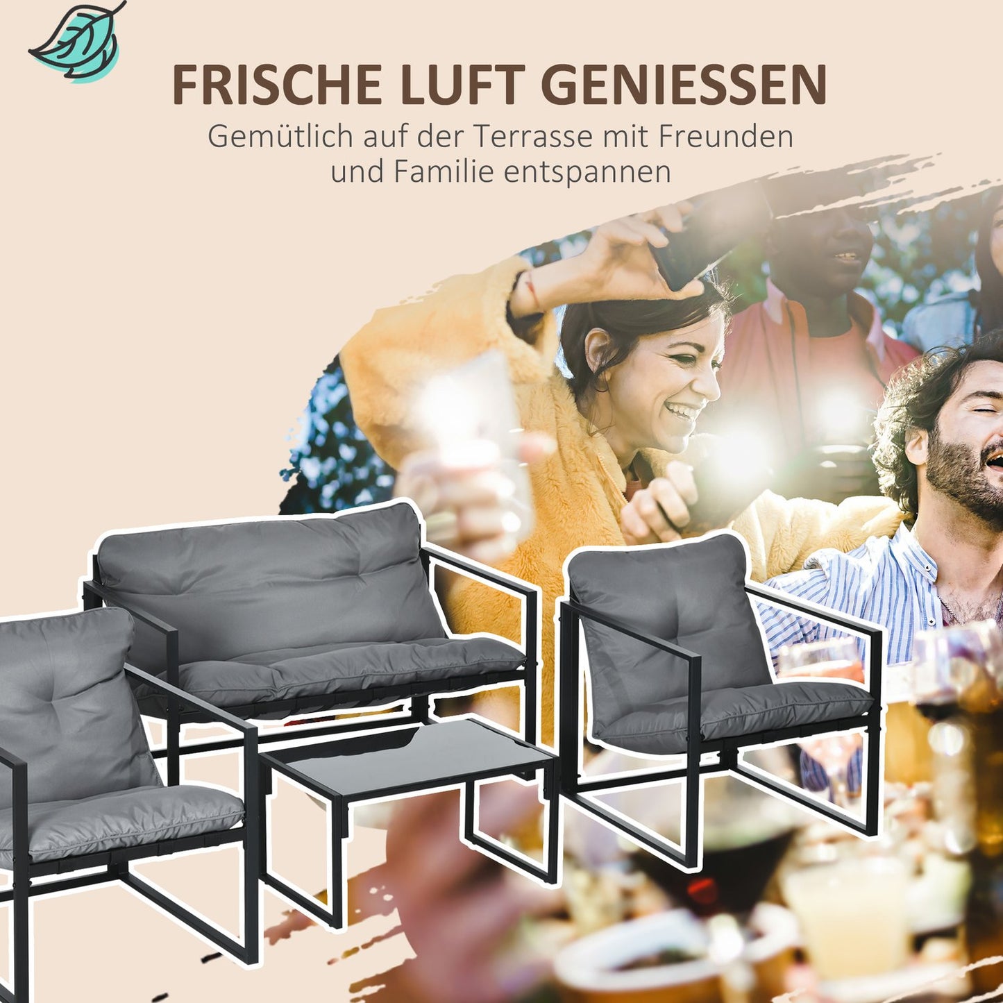 Outdoor lounge set with cushions - sofa, armchairs, table