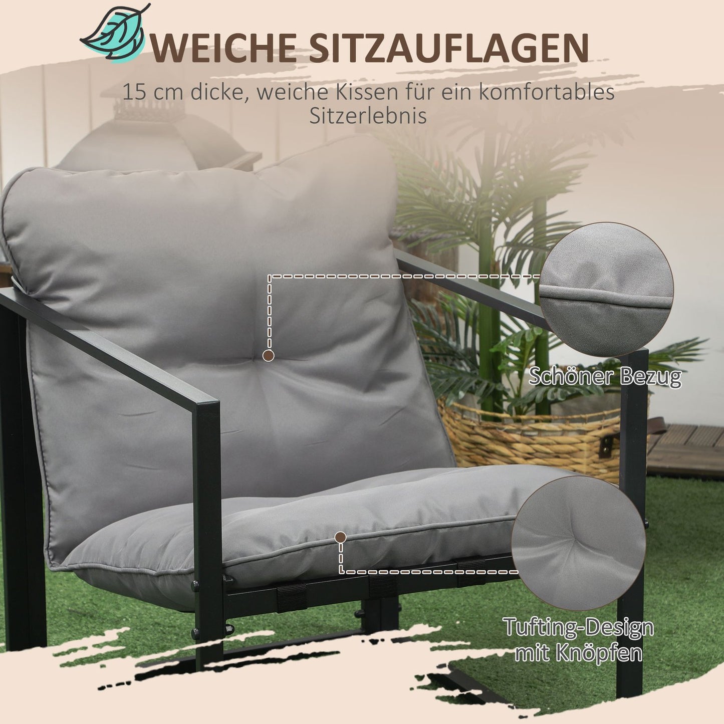 Outdoor lounge set with cushions - sofa, armchairs, table