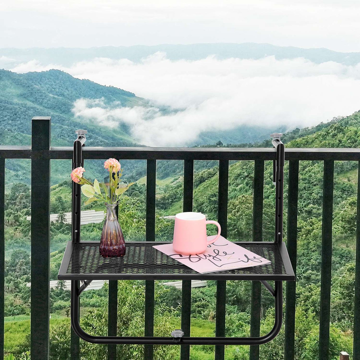 Folding black metal balcony table - weatherproof, height adjustable