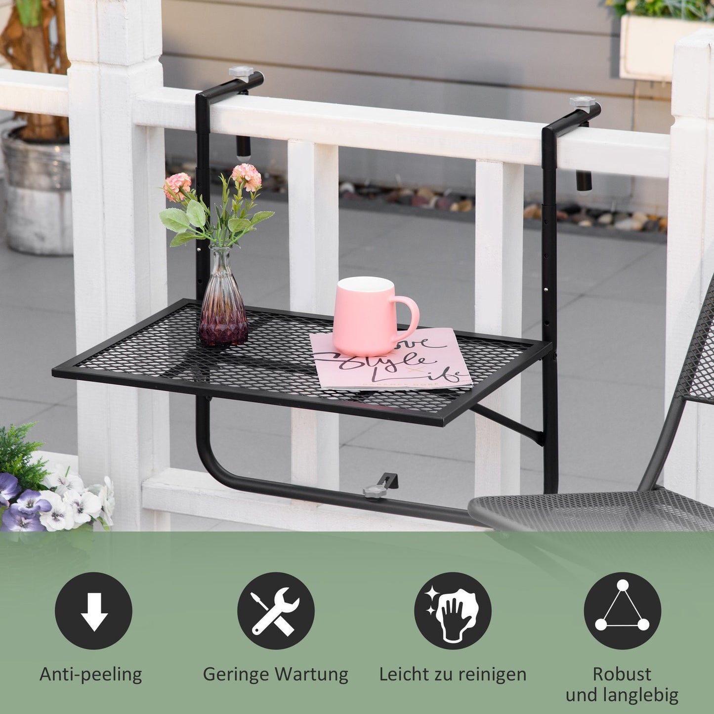 Folding black metal balcony table - weatherproof, height adjustable