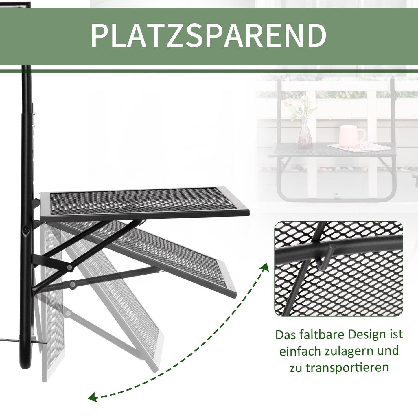 Folding black metal balcony table - weatherproof, height adjustable