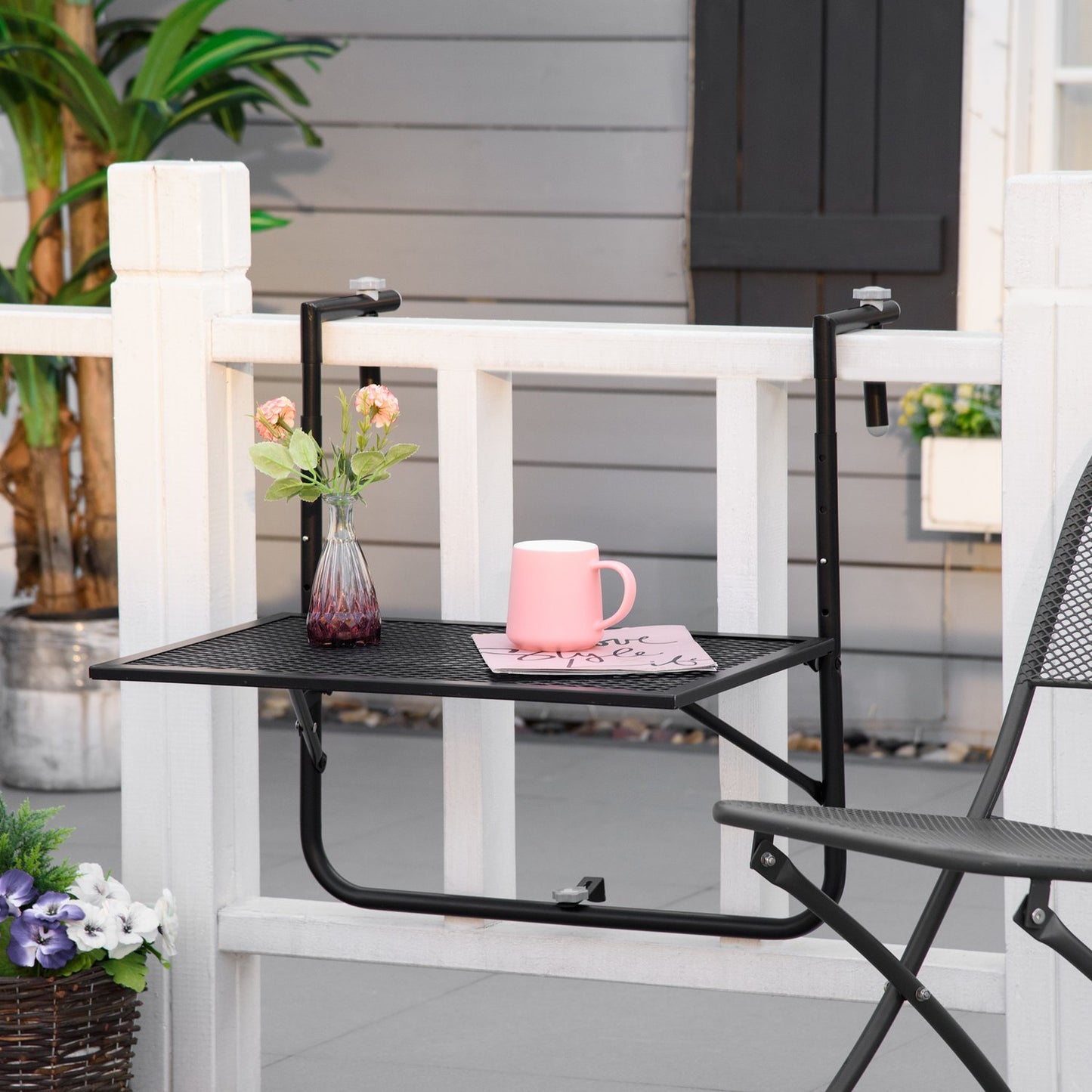 Folding black metal balcony table - weatherproof, height adjustable