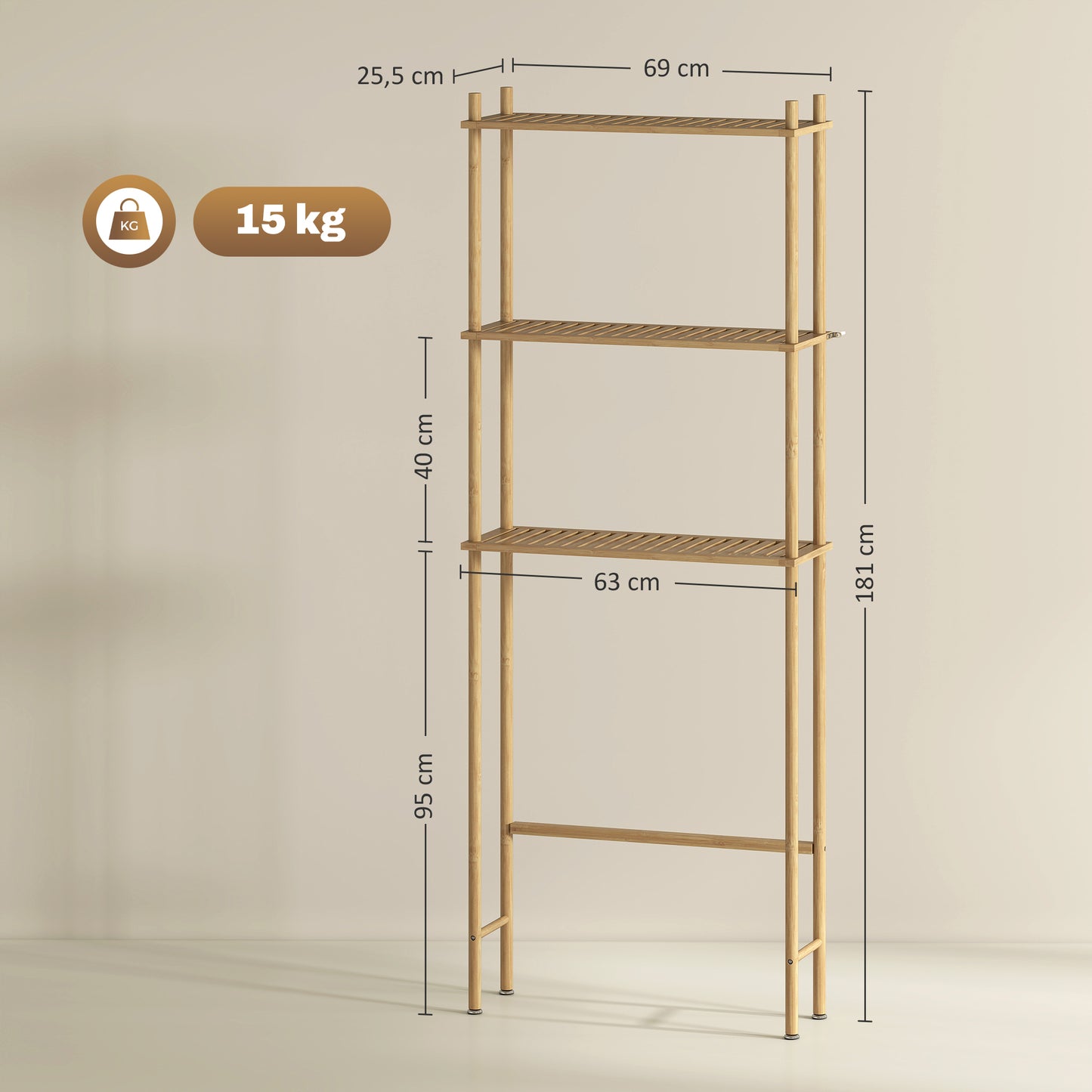 Bamboo Bathroom Shelf, 3-Tier Over-Toilet Organizer