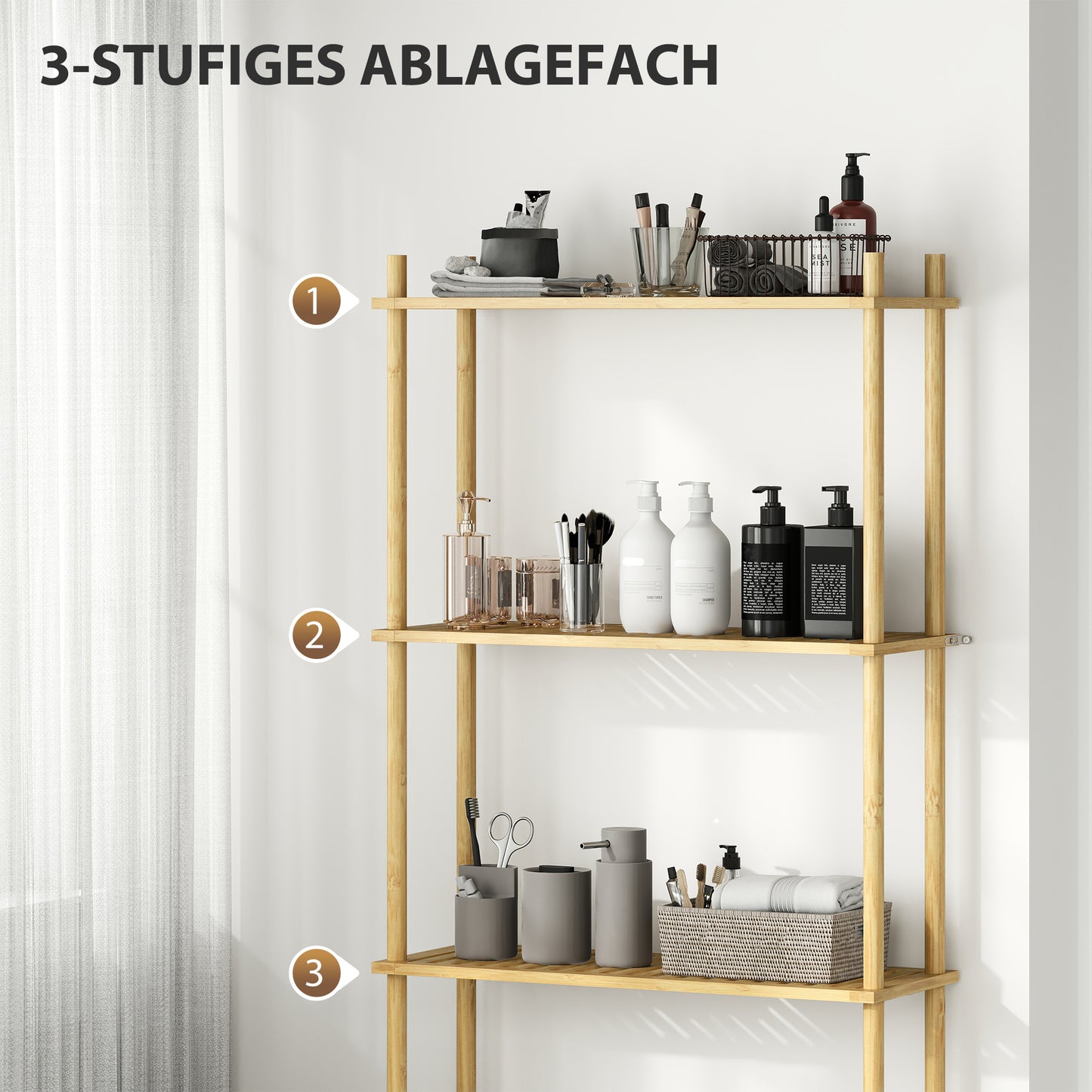Bamboo Bathroom Shelf, 3-Tier Over-Toilet Organizer