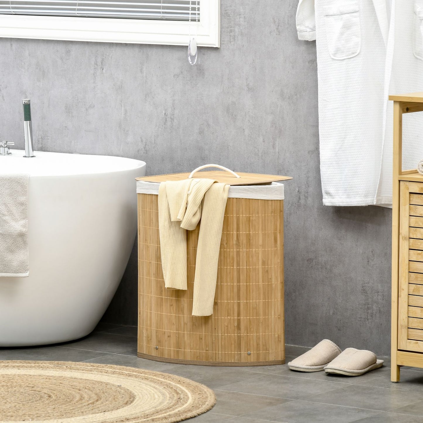 Corner laundry basket in bamboo with lid & removable lining 55L