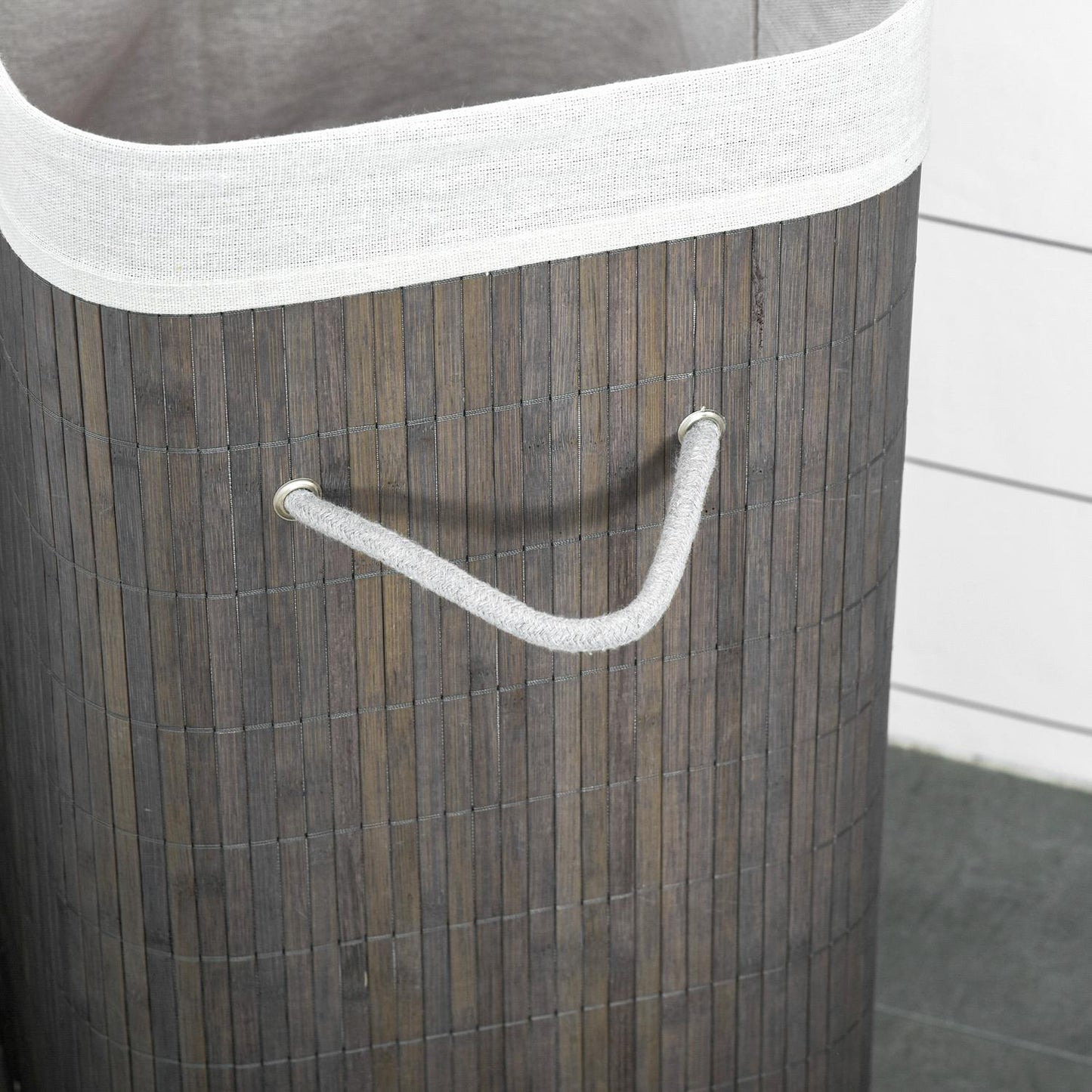 Slim 83L bamboo laundry basket with lid, removable bag