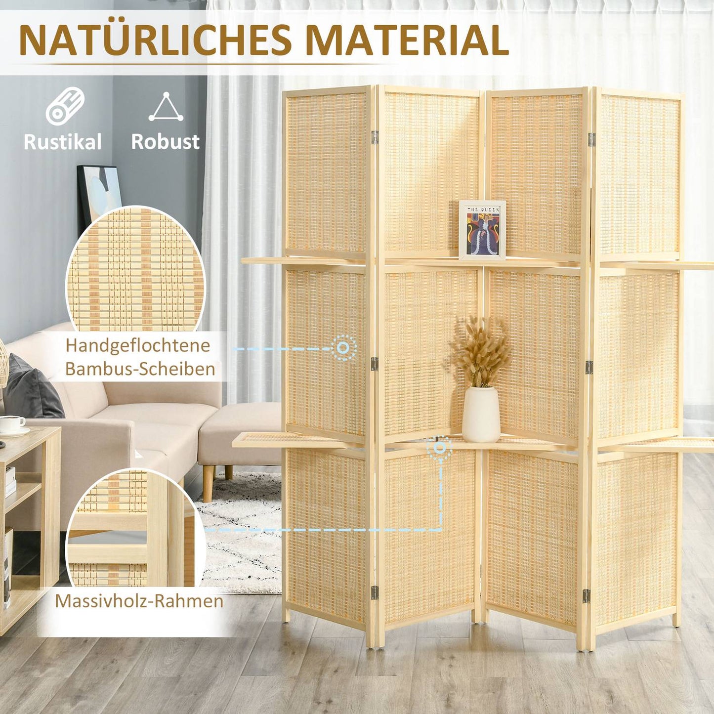 Bamboo Room Divider with 2 Shelves, Foldable, Natural