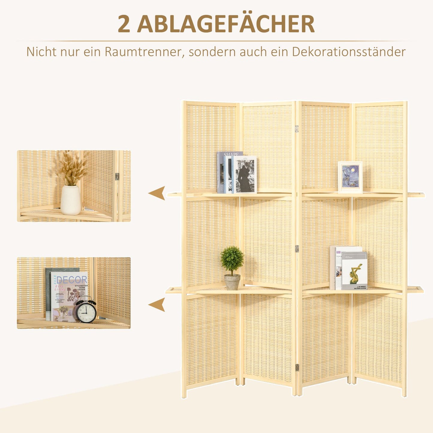 Bamboo Room Divider with 2 Shelves, Foldable, Natural