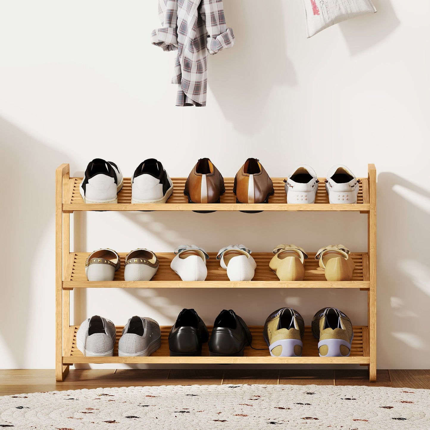 Bamboo Shoe Rack, 3-Tier, 30 kg Capacity, Natural Wood