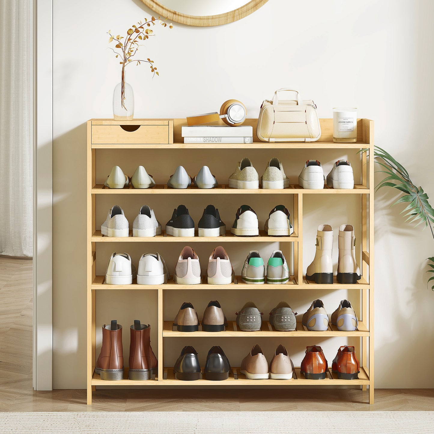 Bamboo Shoe Rack with Drawer, 6 Tiers, Holds 18 Pairs