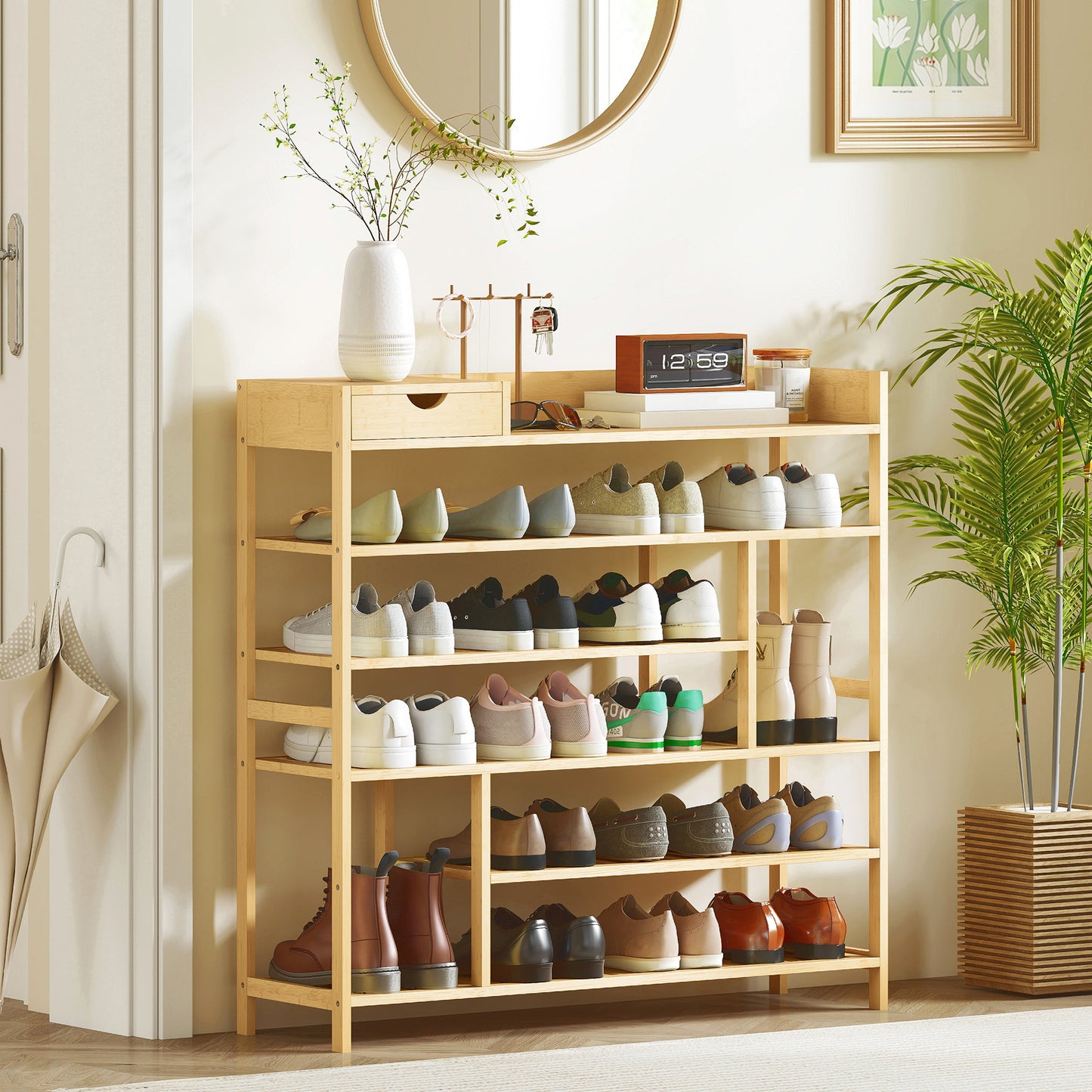 Bamboo Shoe Rack with Drawer, 6 Tiers, Holds 18 Pairs