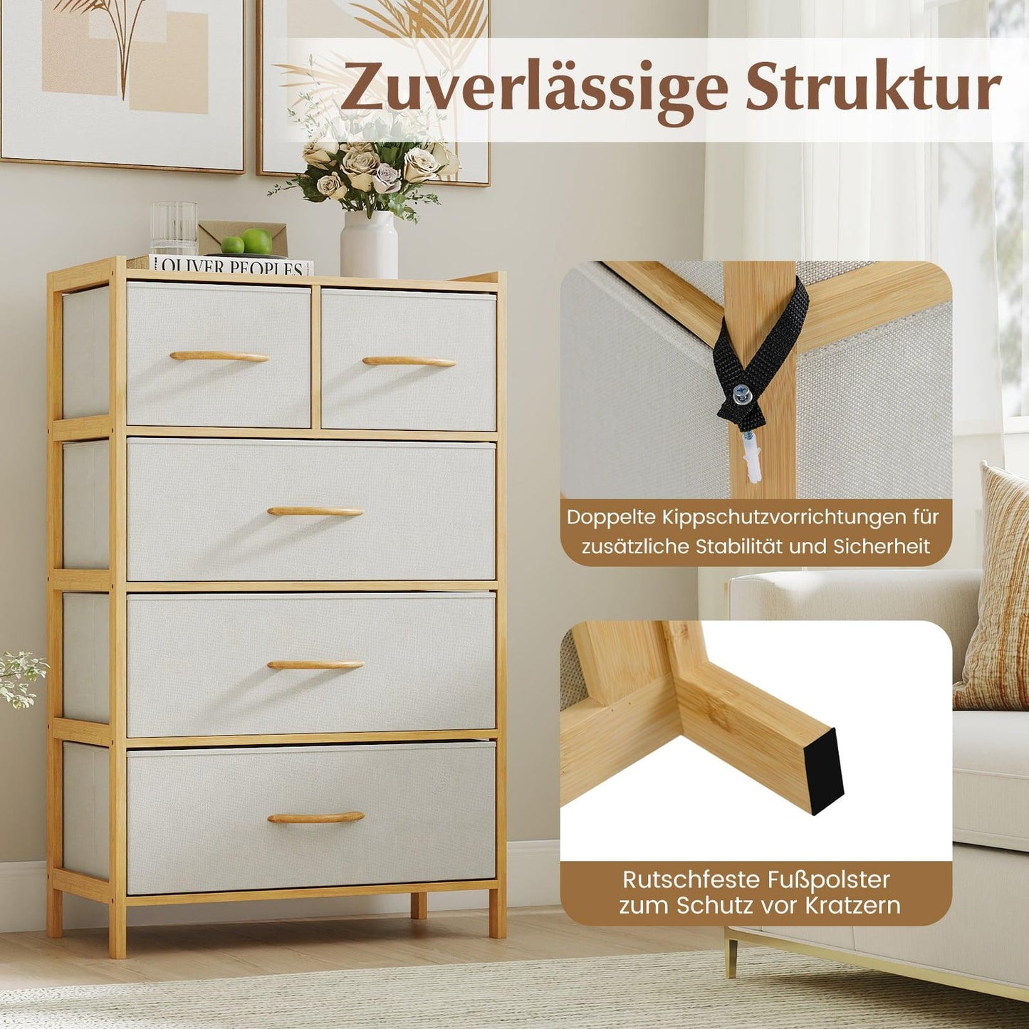 Bamboo Storage Dresser with 5 Fabric Drawers and Shelf