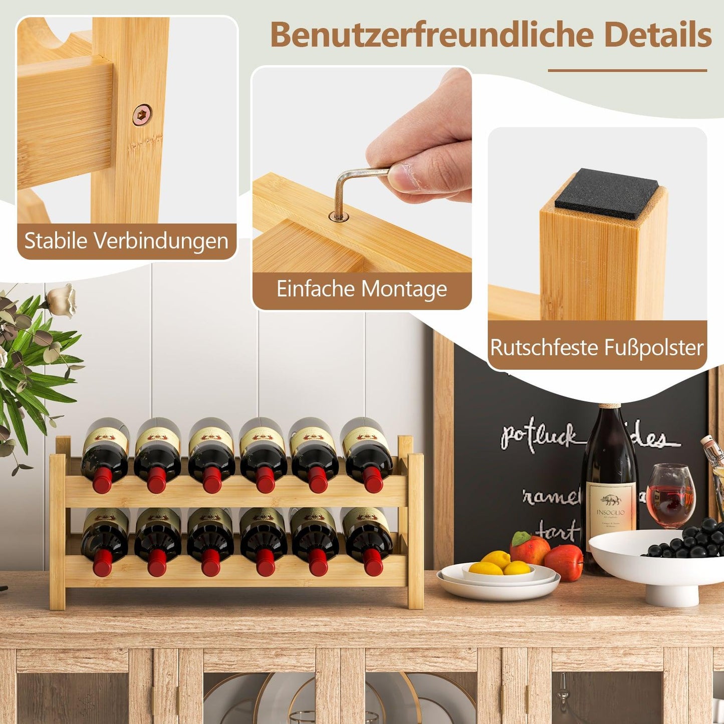 Bamboo Wine Rack for 12 Bottles, 2-Tier Holder