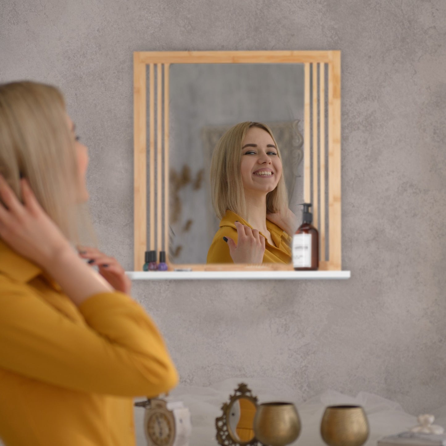 Bamboo bathroom mirror with shelf