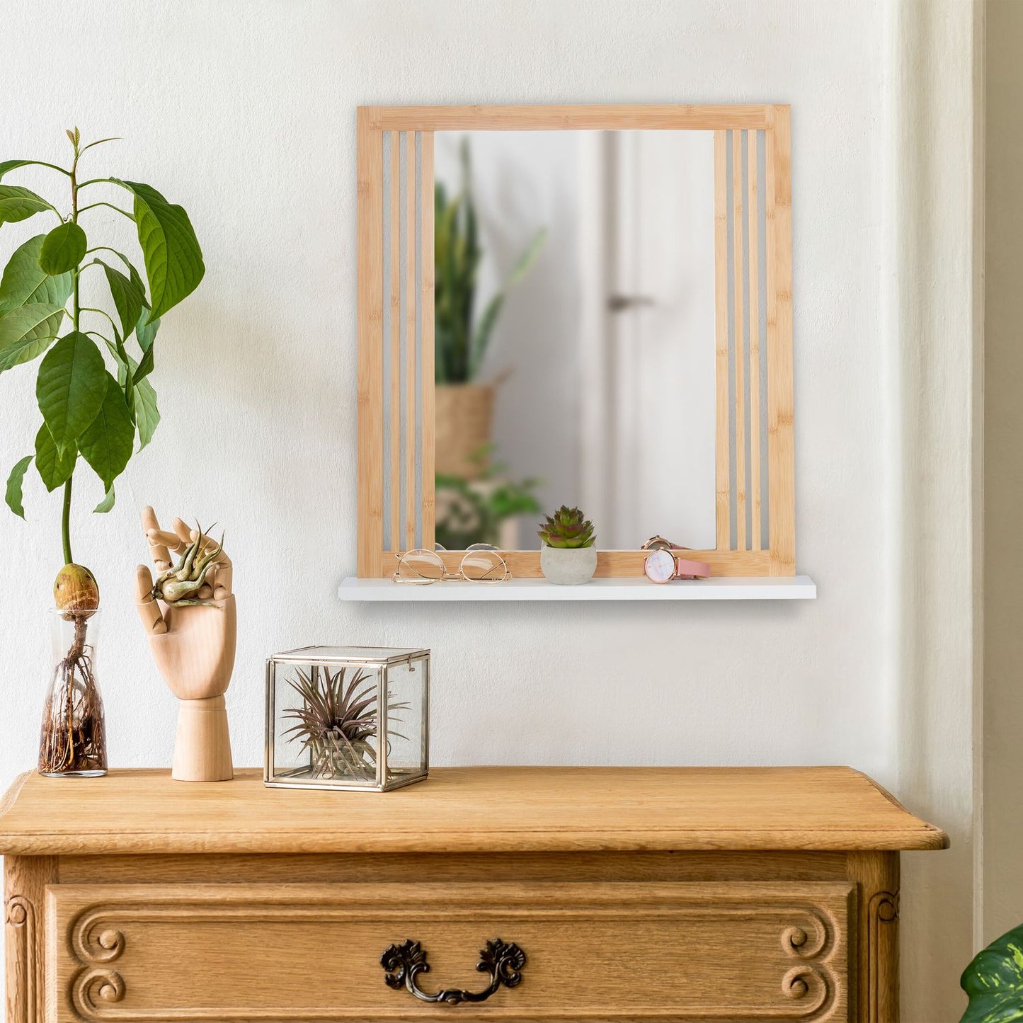 Bamboo bathroom mirror with shelf